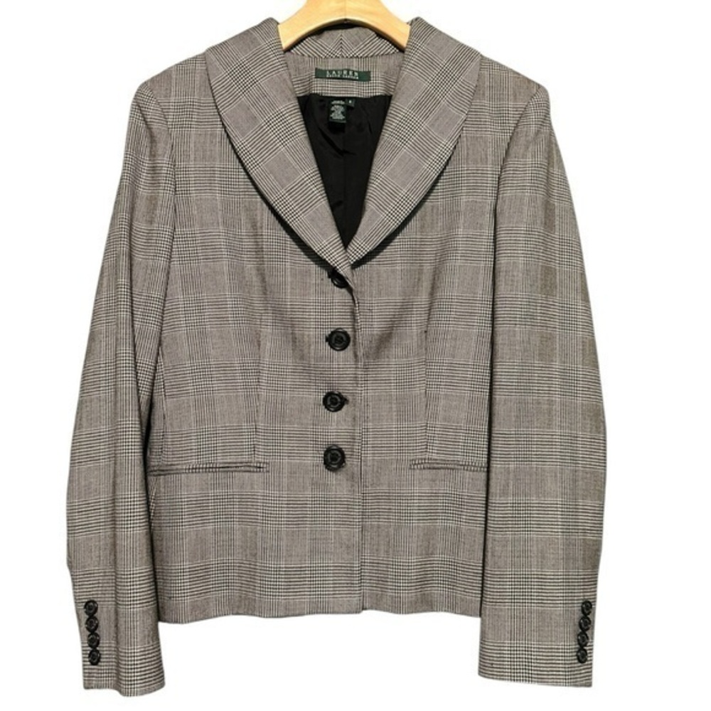 Ralph Lauren Women’s Size 8 Black Tan White Wool Herringbone Plaid Jacket Blazer